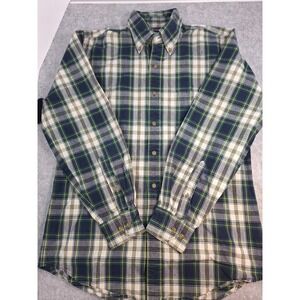 Lands End Plaid Button Down Shirt Green Yellow Cream Long Sleeve Men Size S
